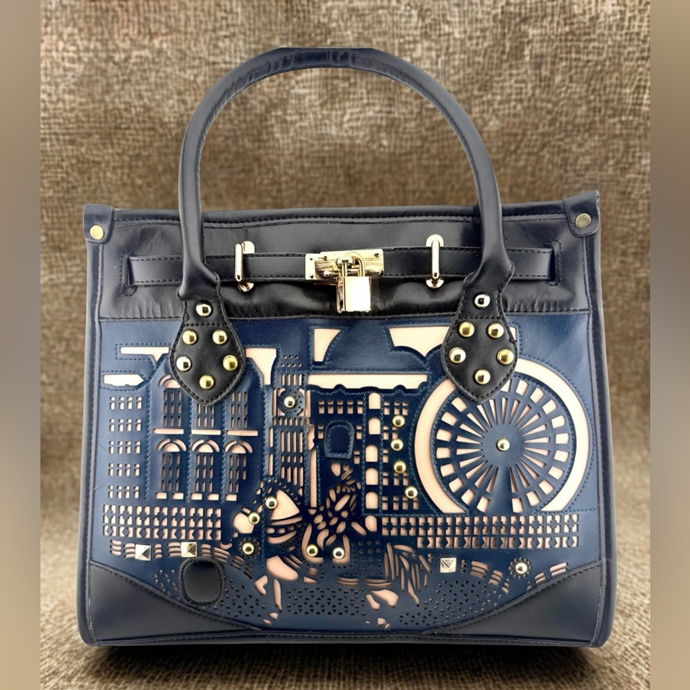 Anglophile London-Themed Laser-Cut Structured Tote Handbag with Lock